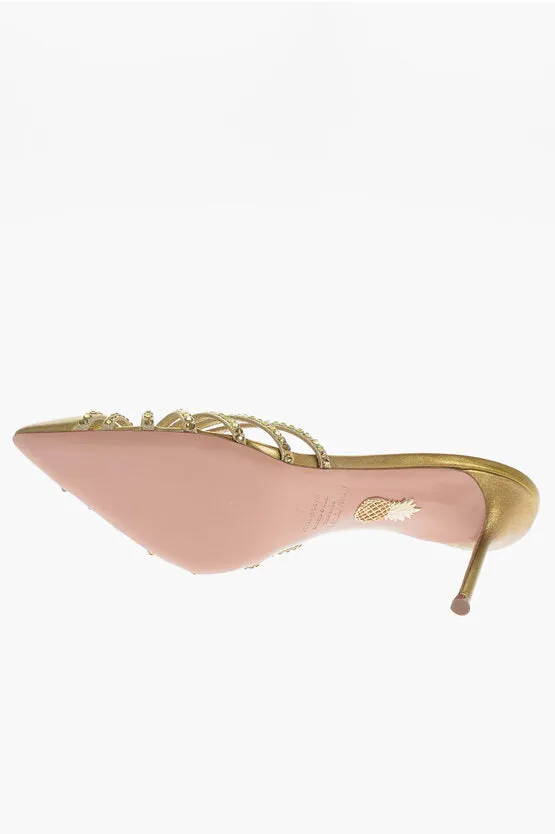 Aquazzura Metallic Leather FLOW Mules with Rhinestone Embellishment an