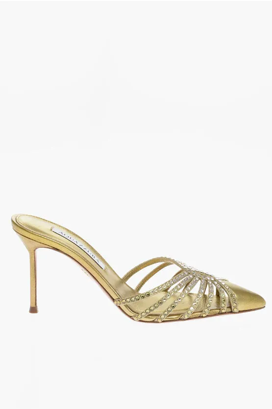 Aquazzura Metallic Leather FLOW Mules with Rhinestone Embellishment an