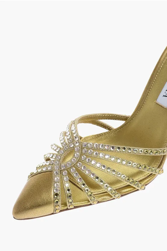 Aquazzura Metallic Leather FLOW Mules with Rhinestone Embellishment an