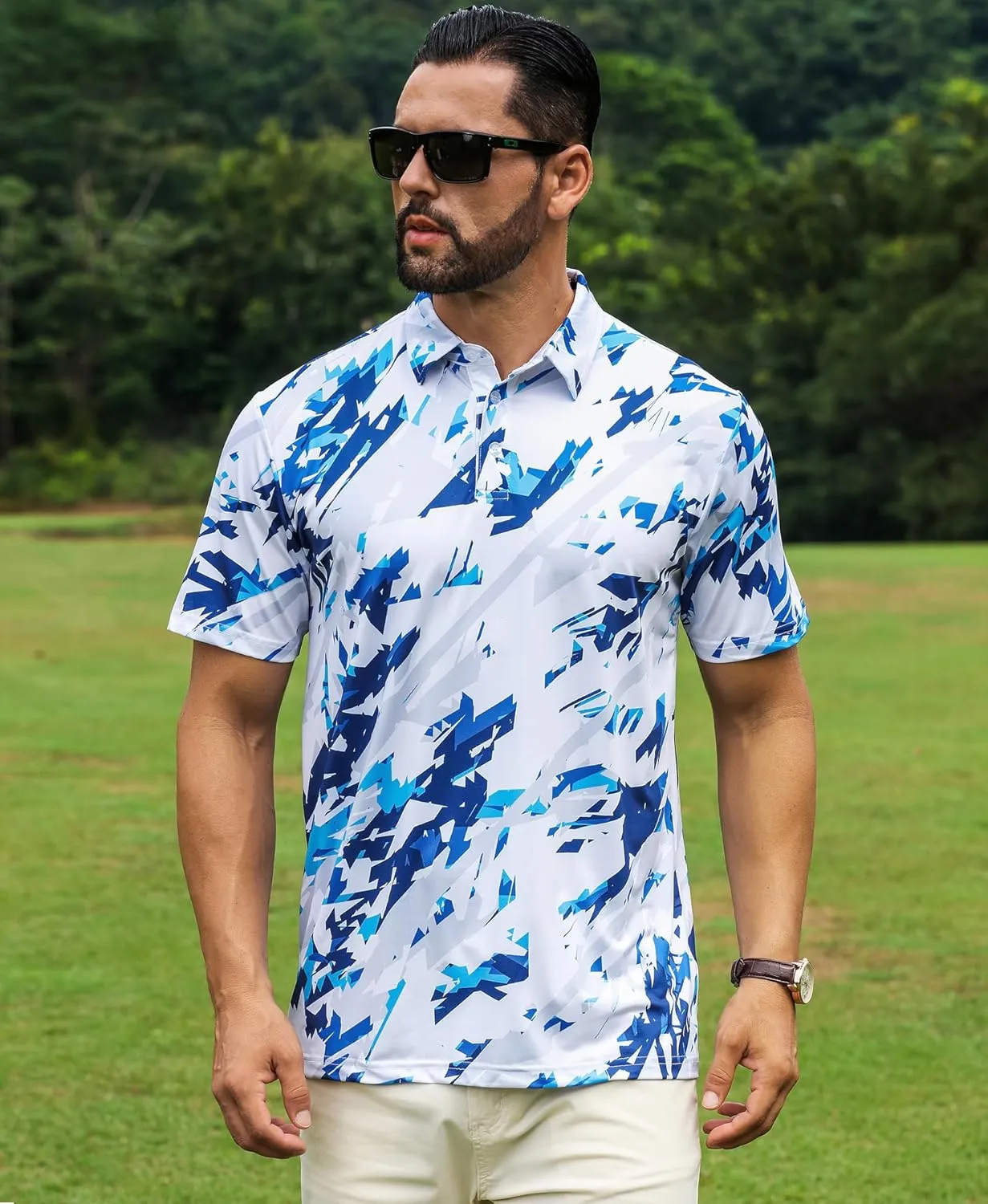 ELETOP Men's Golf Polo Shirts Short Sleeve Moisture Wicking Hawaiian Tropical Polos Performance Golf Shirts for Men Dry Fit