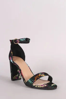 Floral Brocade Satin Ankle Strap Chunky Heel
