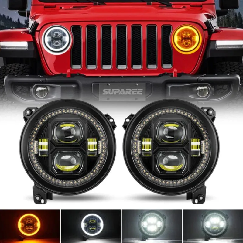 Suparee 9" Jeep LED Halo Headlights with Amber Turn Signal for 2018  JL JLU JT