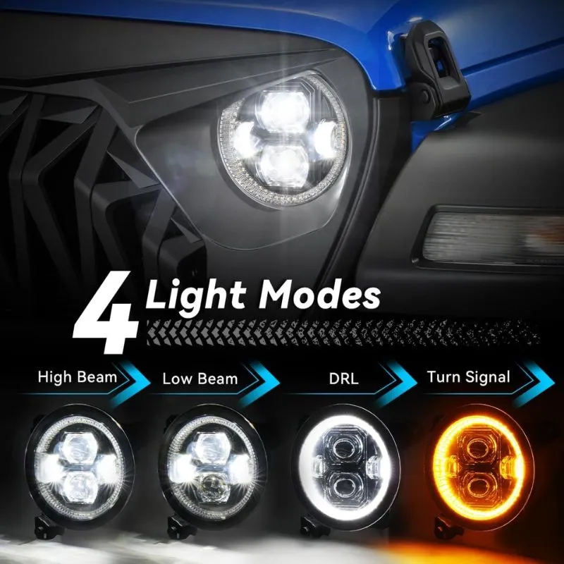 Suparee 9" Jeep LED Halo Headlights with Amber Turn Signal for 2018  JL JLU JT