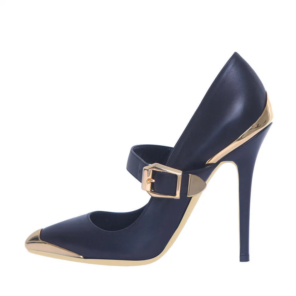 Toleet Navy & Gold Metal Pointed Toe Stiletto Heels Vintage Mary Jane Pumps