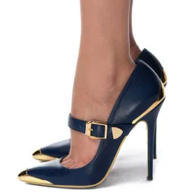 Toleet Navy & Gold Metal Pointed Toe Stiletto Heels Vintage Mary Jane Pumps